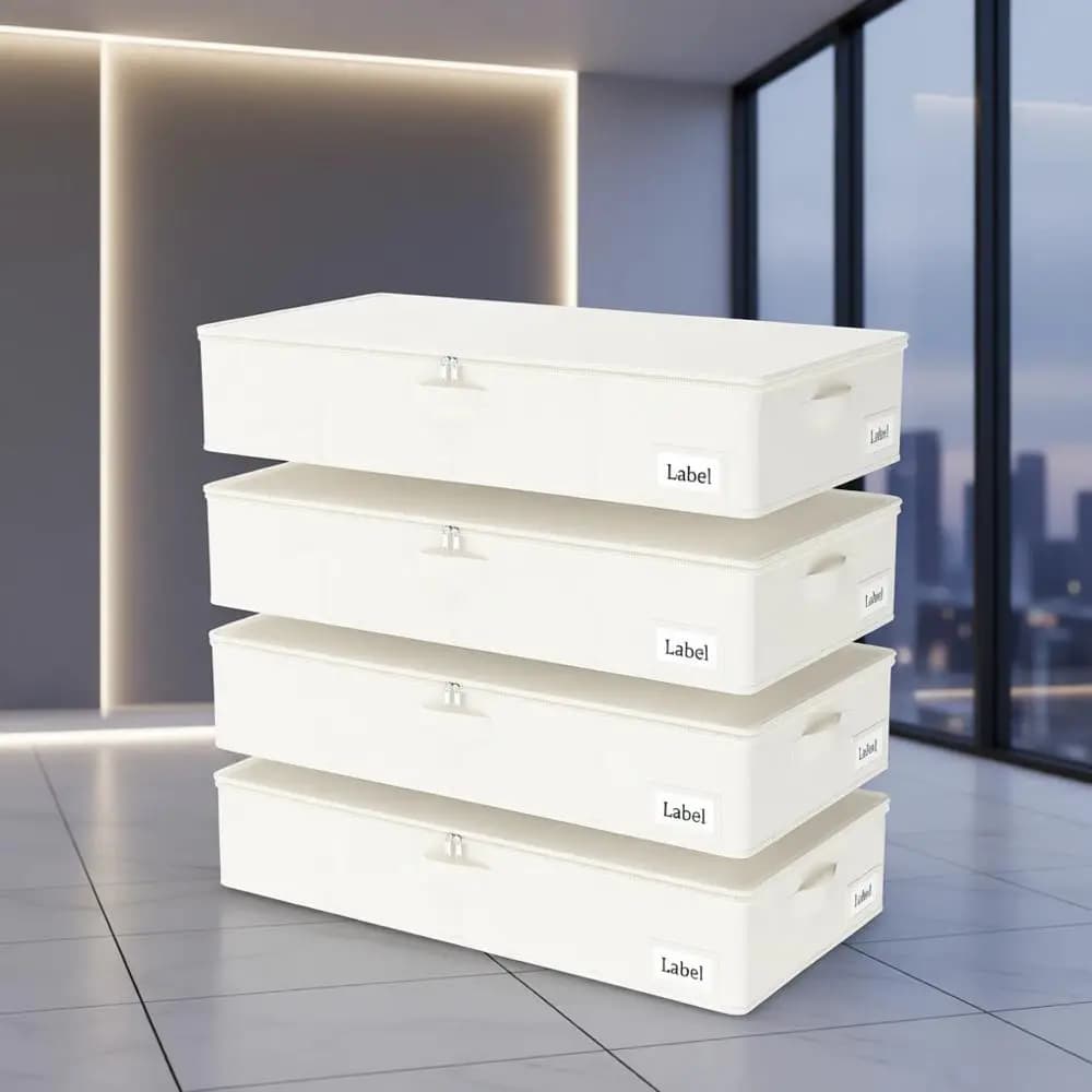 Grandi borse portaoggetti sottoletto con coperchio, confezione da 4, beige, 31,5L x 15,7W x 6H, cerniera robusta e portaetichette per riporre vestiti