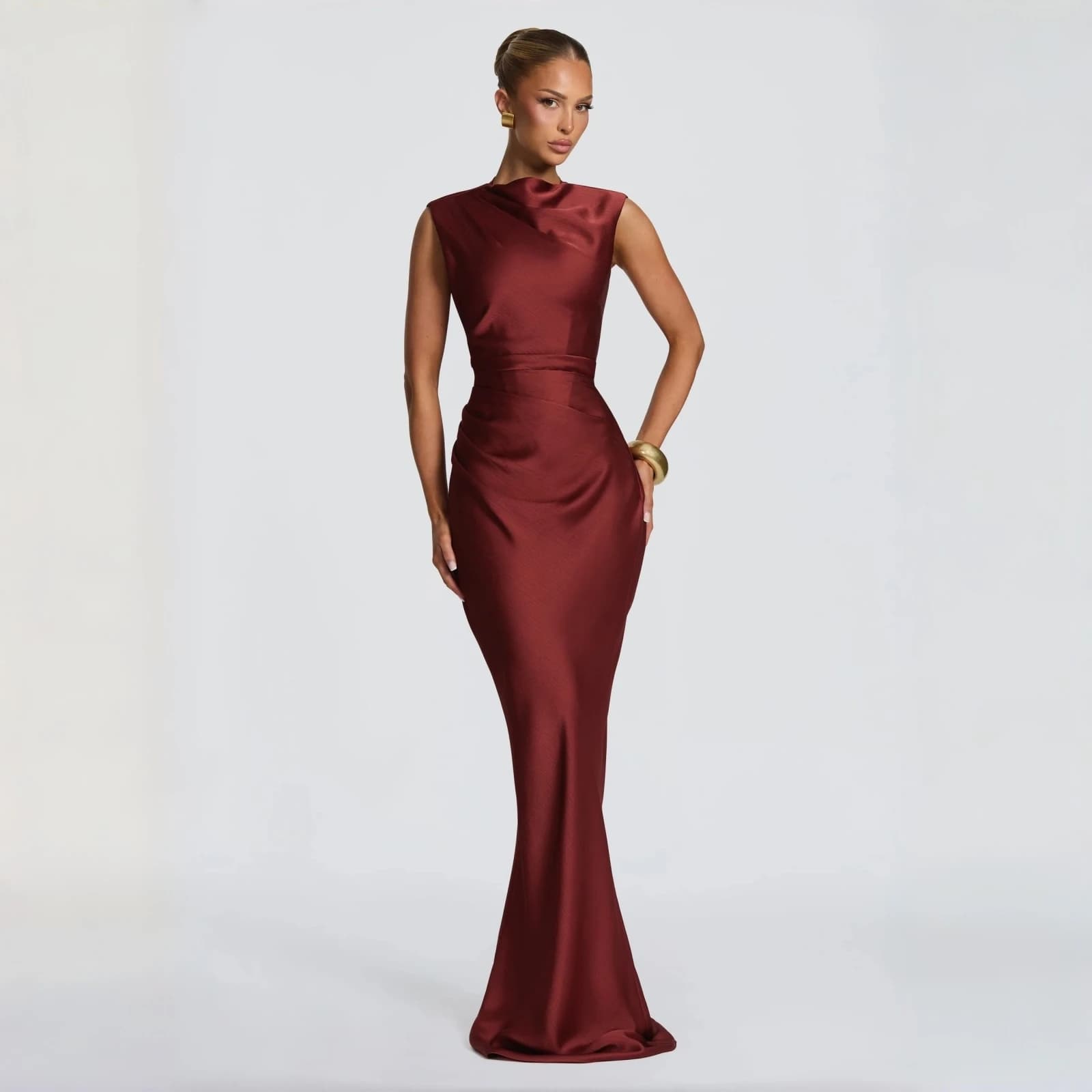Evening dress in satin mermaid with asymmetrical neckline and laces on the back, formal women's long dress for weddings and parties.