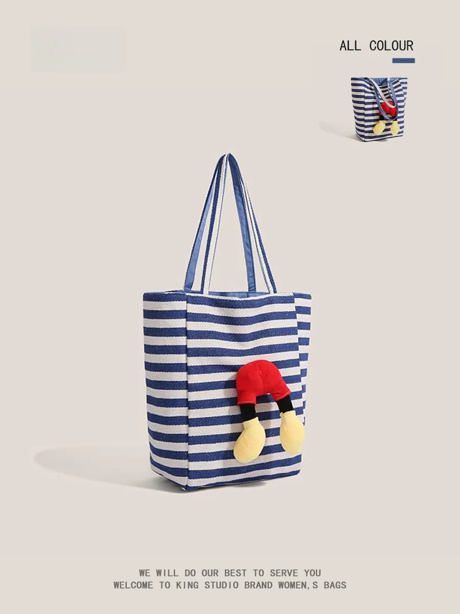 Large Capacity Striped Canvas Tote Bag Commuter Durable Single Shoulder Korean Style Fashionable Youth Casual Handbag