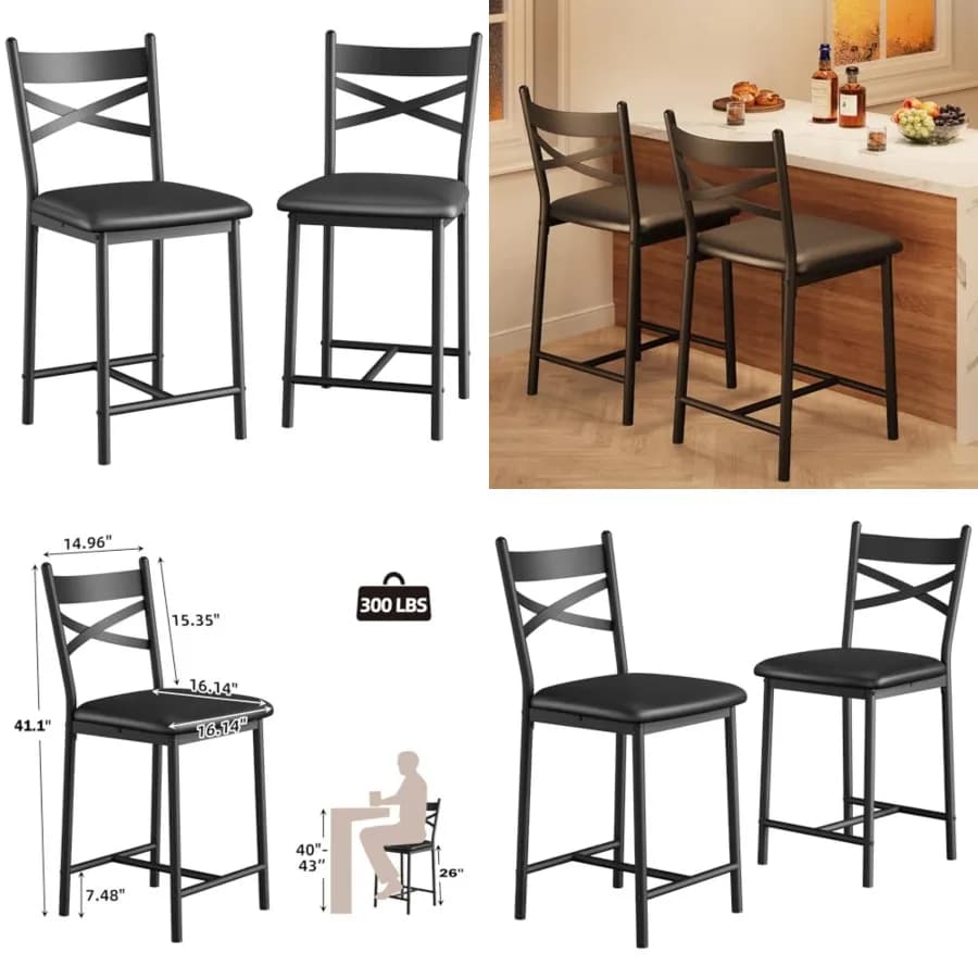 Set di 2 Sgabelli da Bar Altezza Bancone 26 Pollici, Sedie Imbottite con Schienale, Cuscino Spesso, Sgabelli Moderni per Cucina