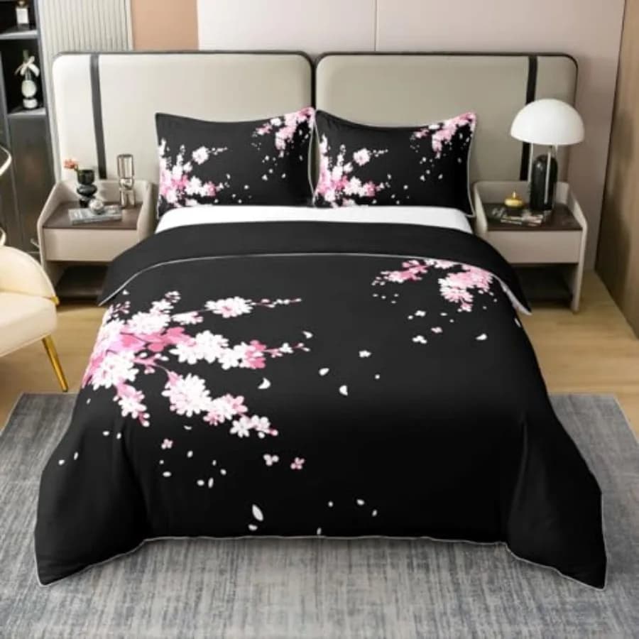 Sakura Japanese Duvet Cover 100% Cotton Queen Size Cherry Blossom Comforter Cover for Boys Girls Flowers Aesthetic Bedding Set
