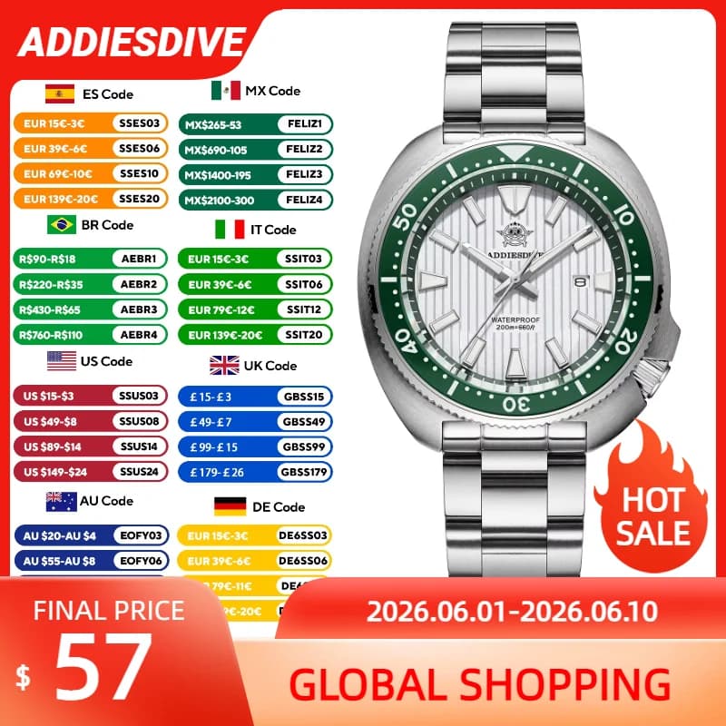 ADDIESDIVE Japan 2115 Men's Crystal Sapphire Watch Waterproof Stainless Steel Quartz Watches Ceramic Bezel Super Bright Watch