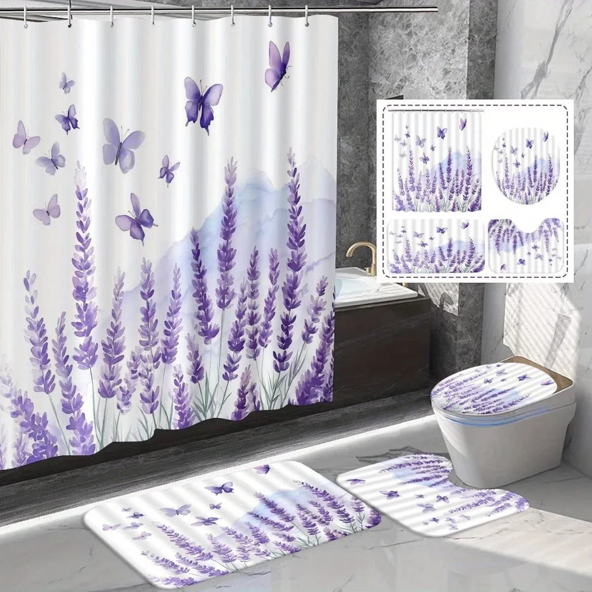 4pcs Purple Lavender Floral Print Shower Curtain Set, Non-slip Bath Mat, Toilet U-Shaped Mat, Toilet Seat Cover with Hook