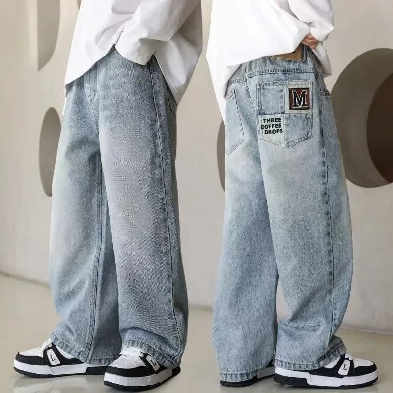 UNITIM 2026 Autumn Junior Boys Jeans 4-14Yrs Children Boys Spliced Letter Pockets Denim Pants Loose Teens Boys Straight Pants