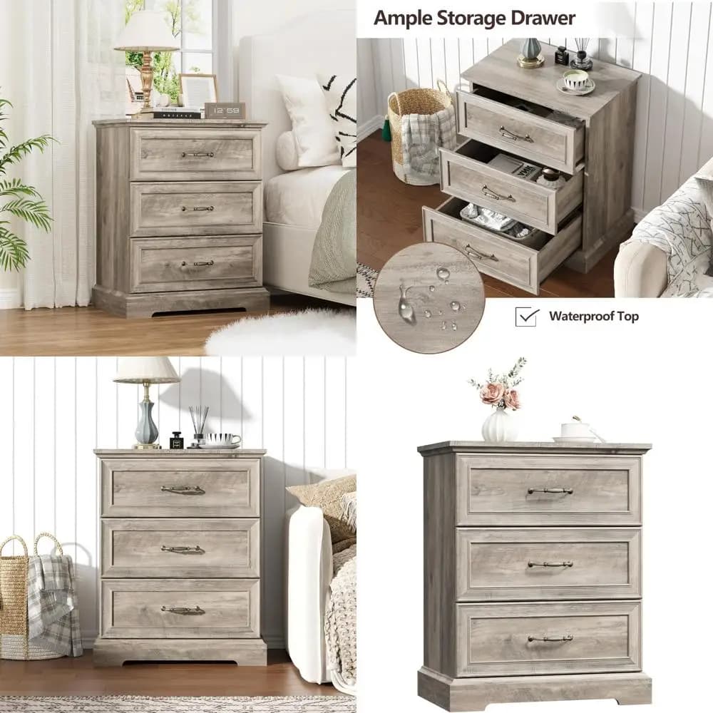 Comodino largo 24" a 3 cassetti con maniglie in metallo, stile rustico