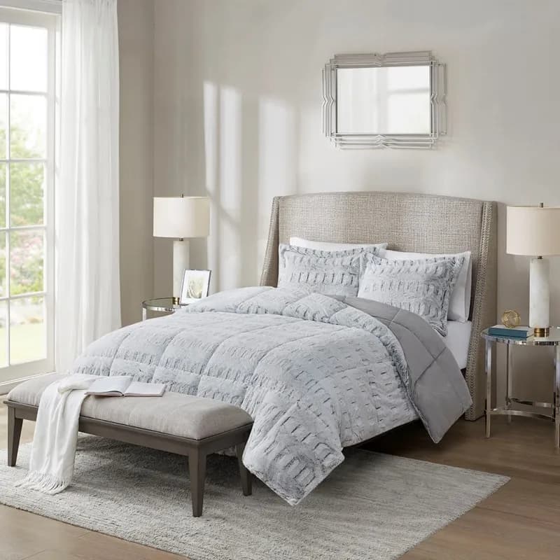 3 Piece Full/Queen Back Print Long Fur Comforter Mini Set