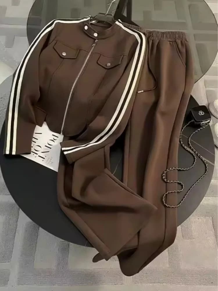 Fashion Sportswear Set Women's Autumn Casual Commuter Tops Wide Leg Pants Striped Sweatshirt Two Piece Set Long Sleeve Zipper Su