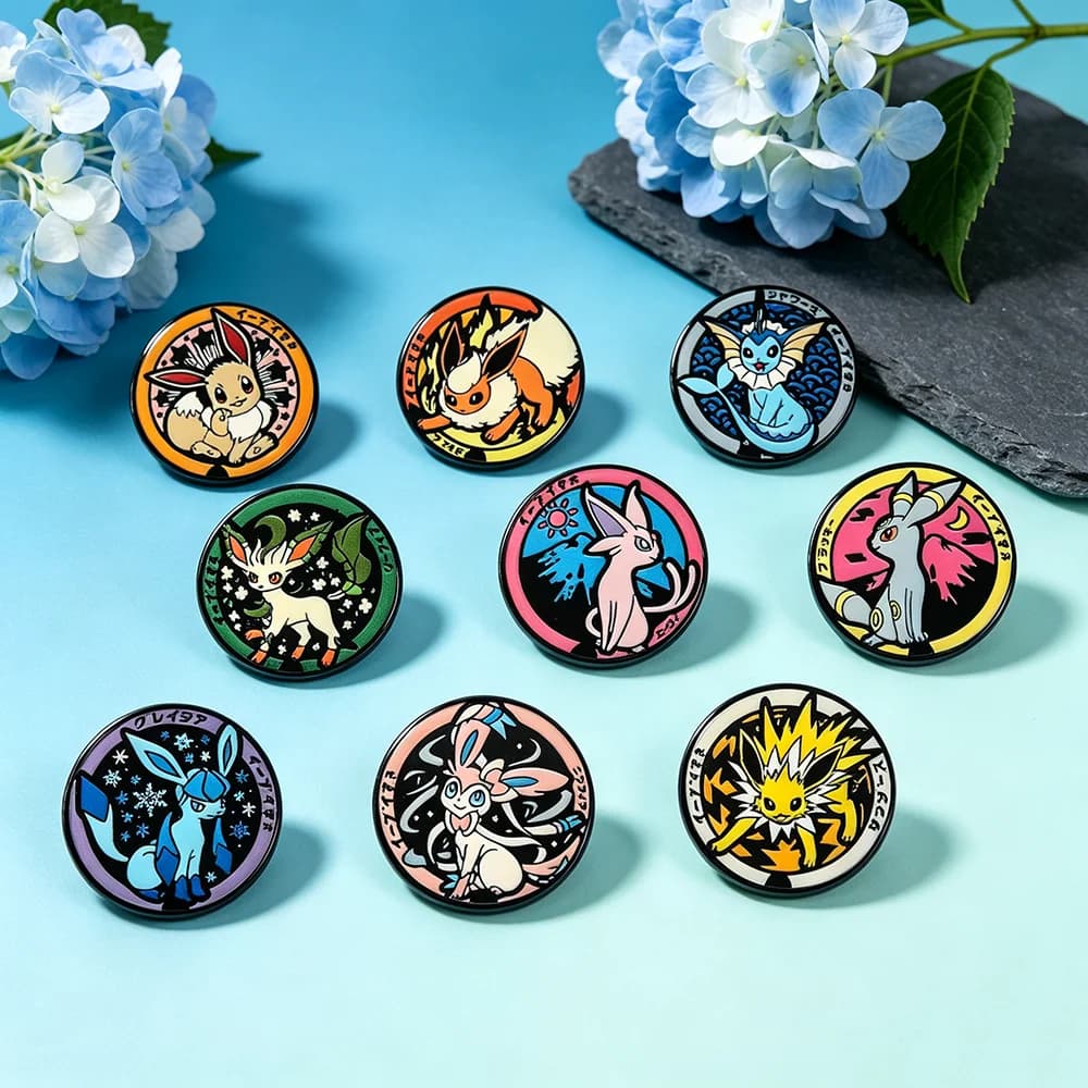 9Pcs Eeveelution Family round Enamel Pins Set Cute Colorful Cartoon Lapel Brooches Collectible Gift for Anime Fans