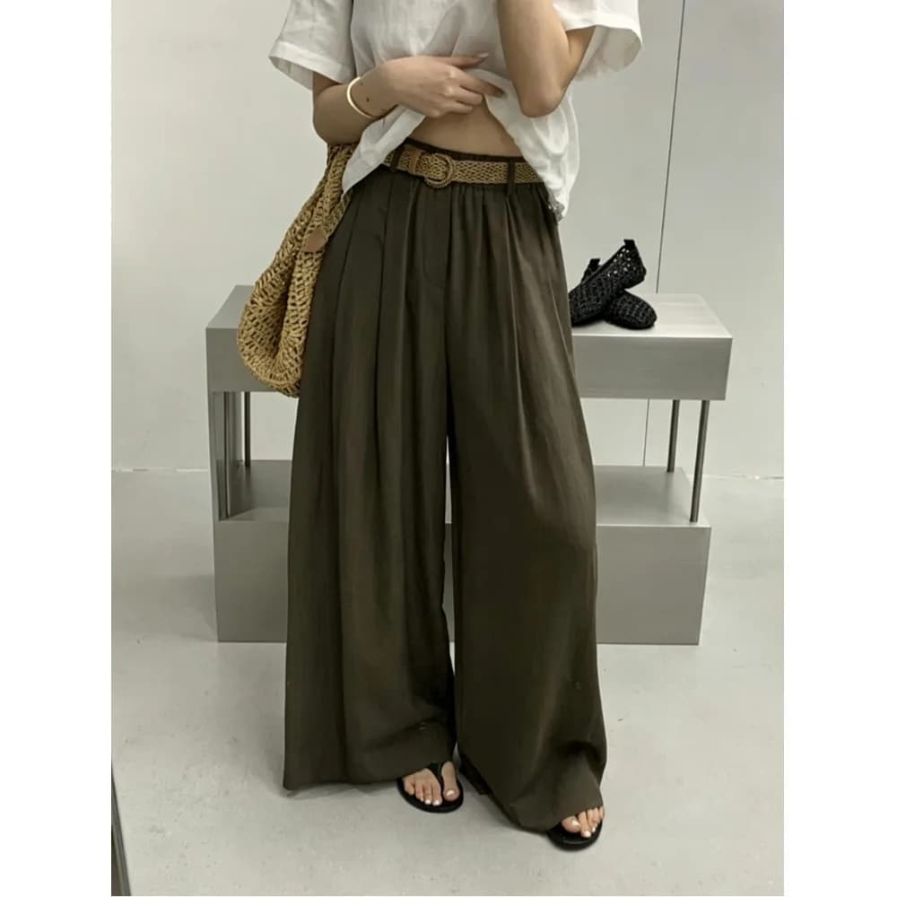 Pantaloni Larghi Casual Stile Coreano Nuovi per l'Estate 2026, Versatili Stile Old Money con Cintura a Scelta, Vita Alta, Altri Materiali