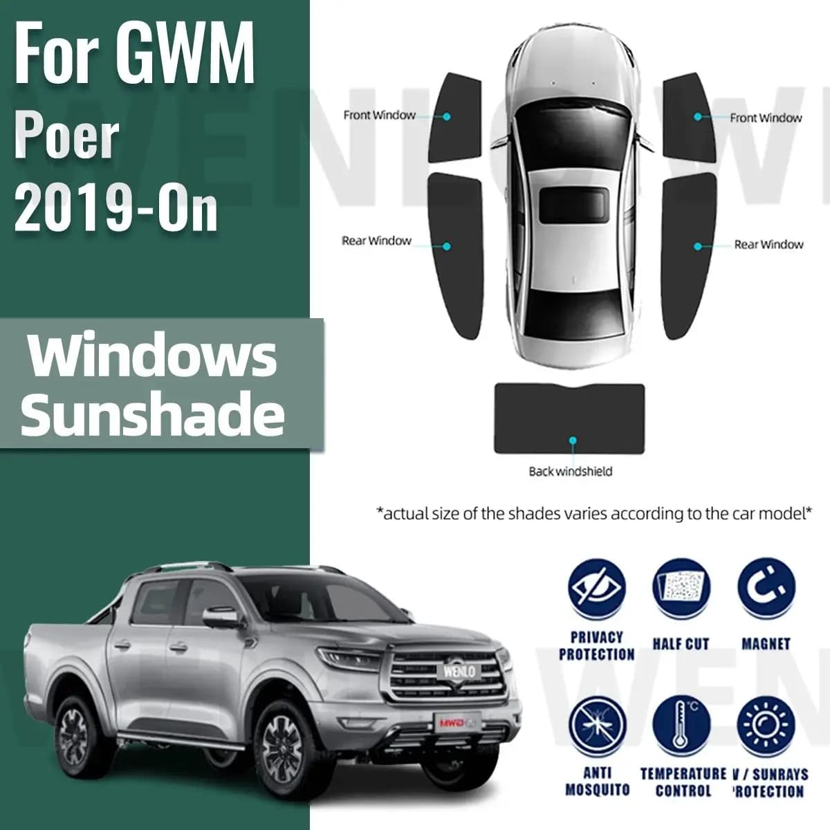 Per GWM Poer Ute Cannon Pao 2019-2023 2024 Auto Parasole Parabrezza Anteriore Maglia Magnetica Tenda Lunotto Laterale Posteriore Visiera parasole Ombra