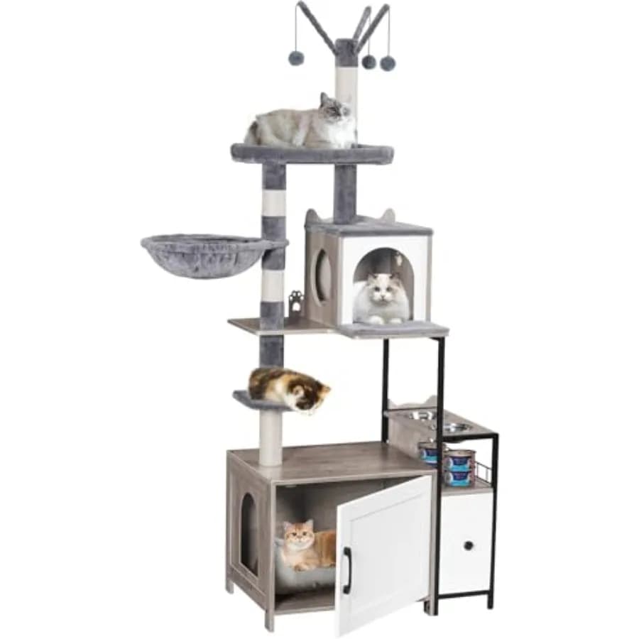 Albero per Gatti Moderno 3-in-1 con Lettiera Nascosta per Gatti da Interno, Torre per Gatti Alta 170,99 cm in Grigio con Cuccia e Ciotola per Cibo