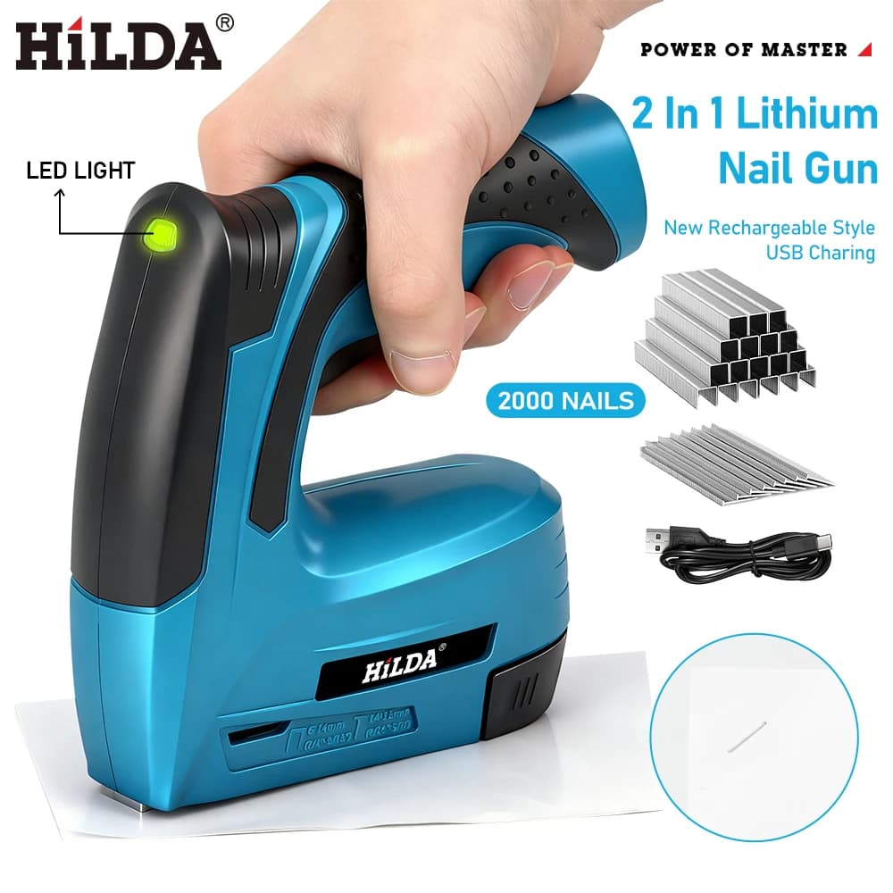 Pistola sparachiodi elettrica HILDA 2 in 1, pistola pneumatica portatile per mobili, pistola sparachiodi ad aria compressa con luce LED e 2000 graffette, strumenti fai da te.