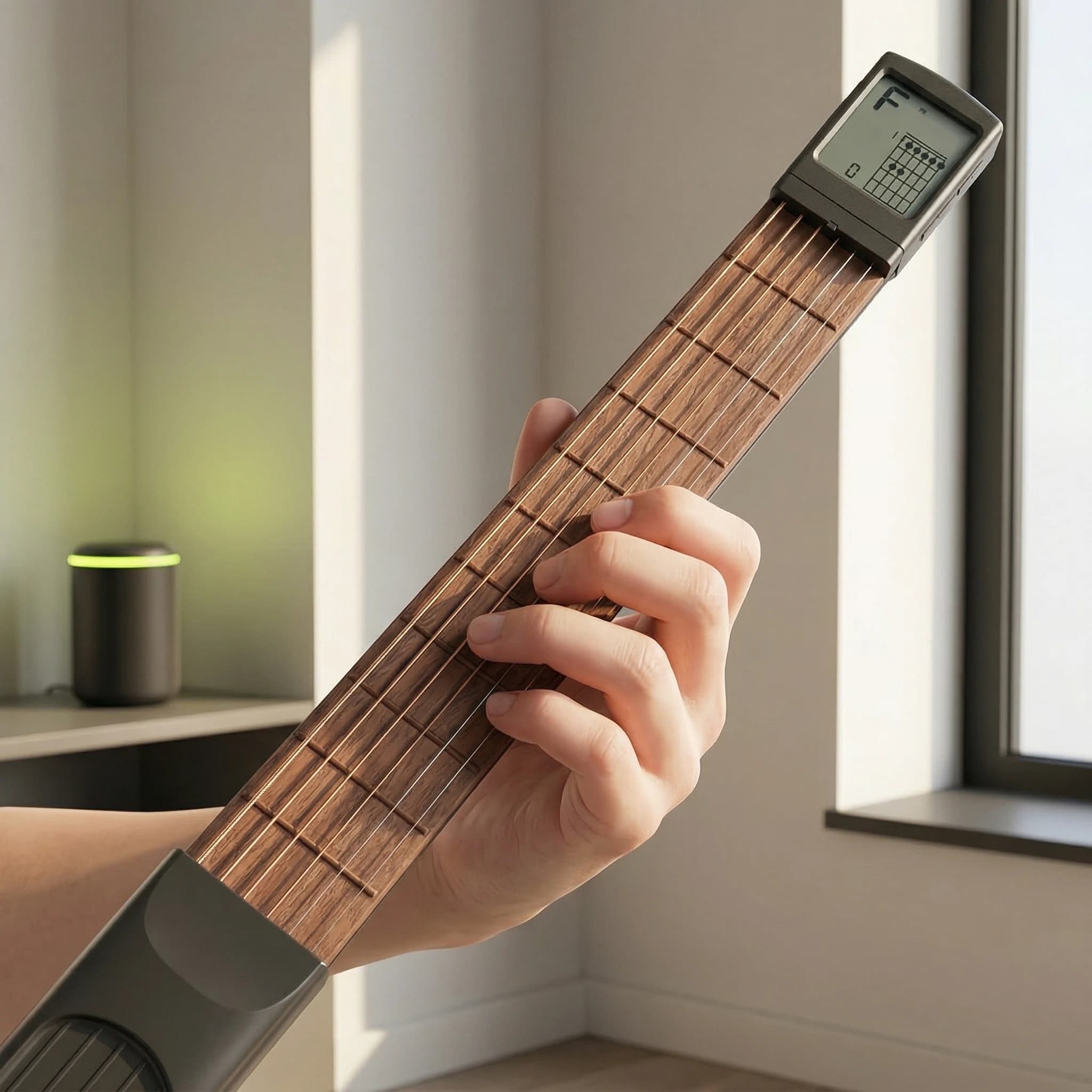 Miwayer Strumento Portatile per Pratica di Chitarra, Manico Tascabile a 6 Corde con Schermo Girevole per Accordi, Metronomo Integrato e Batteria