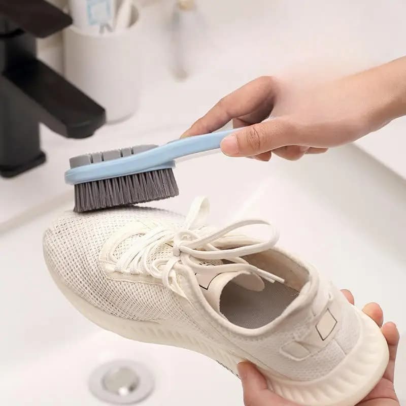 Spazzola per Scarpe a Doppia Faccia con Setole Morbide e Testa in Silicone, Manico Lungo, Strumento Pratico per la Pulizia di Vestiti e Scarpe