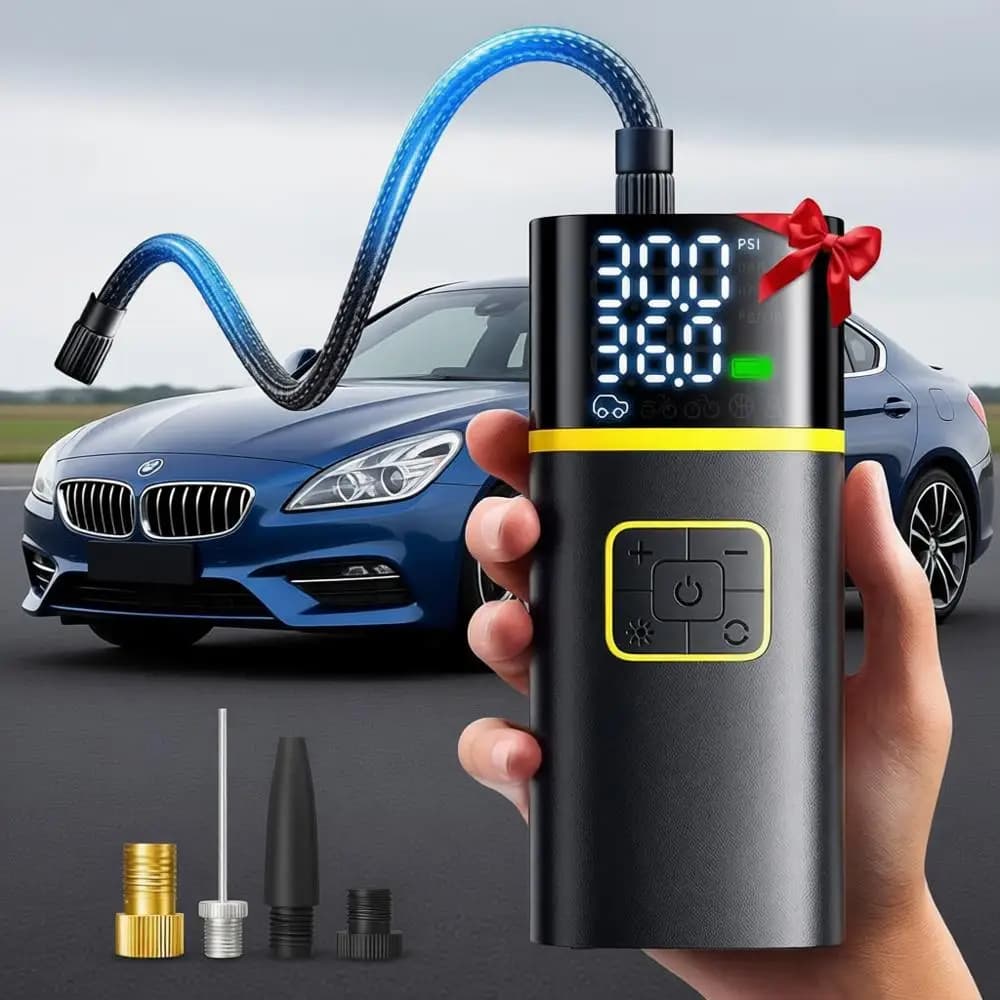 Compressore d'Aria Portatile - Pompa per Biciclette 150PSI con Manometro, Luce LED e Accessori Auto, Pompa d'Aria per Auto, Moto, Biciclette