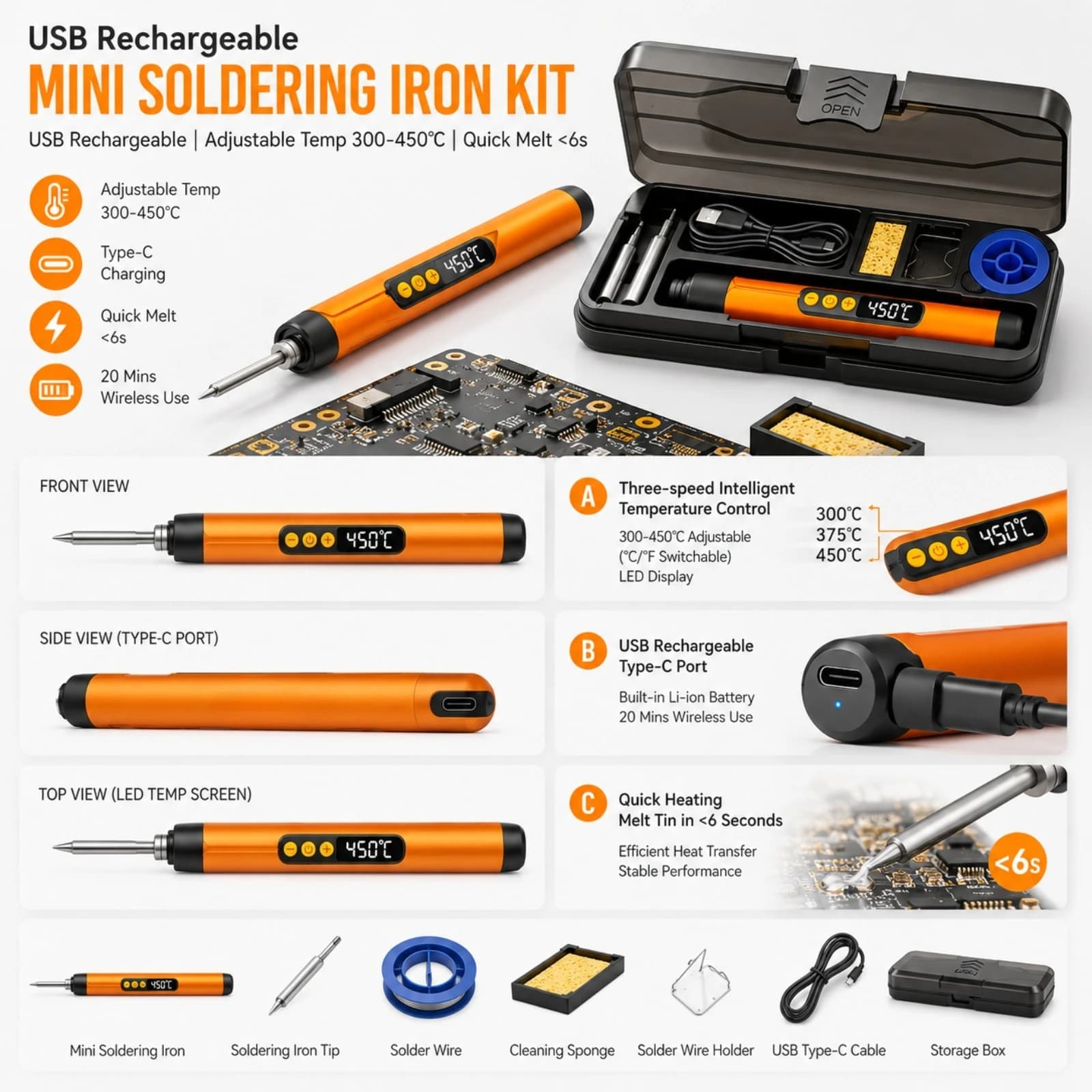 Precision Rechargeable Mini Soldering Iron Adjustable Temperature Electric DIY Electronics Repair Soldering Kit Mini Cordless Smart Solder Gun Micro Electronics Restoration Tool for Keyboard Xbox PS5 Drone Fix