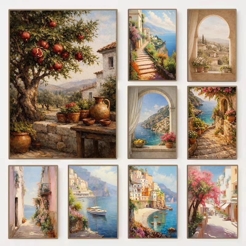1pc Frameless Retro Watercolor Mediterranean Pomegranate Tree Italy Coastal Window View Still Life Canvas Poster Wall Pictures H