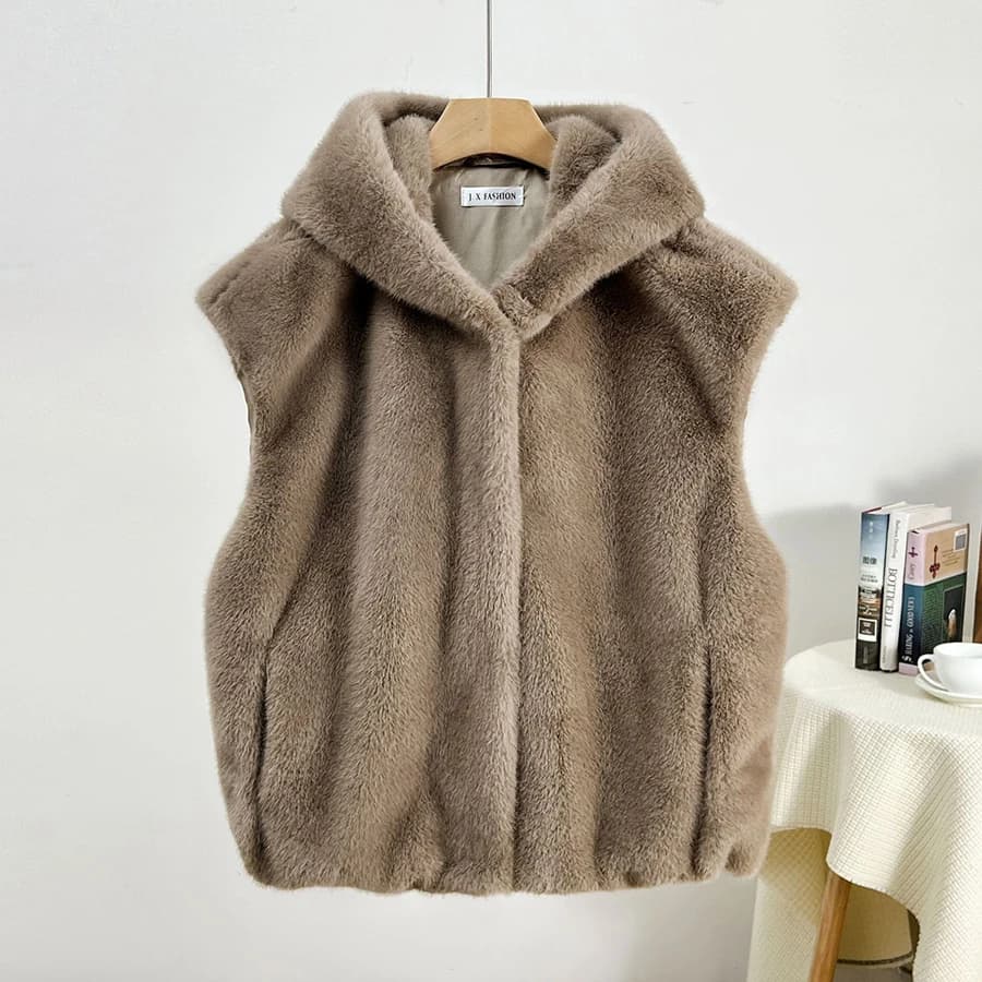 Gilet di Pelliccia Sintetica con Cappuccio Moda Primavera 2026, Giacca Senza Maniche Casual con Tasche, Cappotto Corto da Donna in Finta Pelliccia di Visone