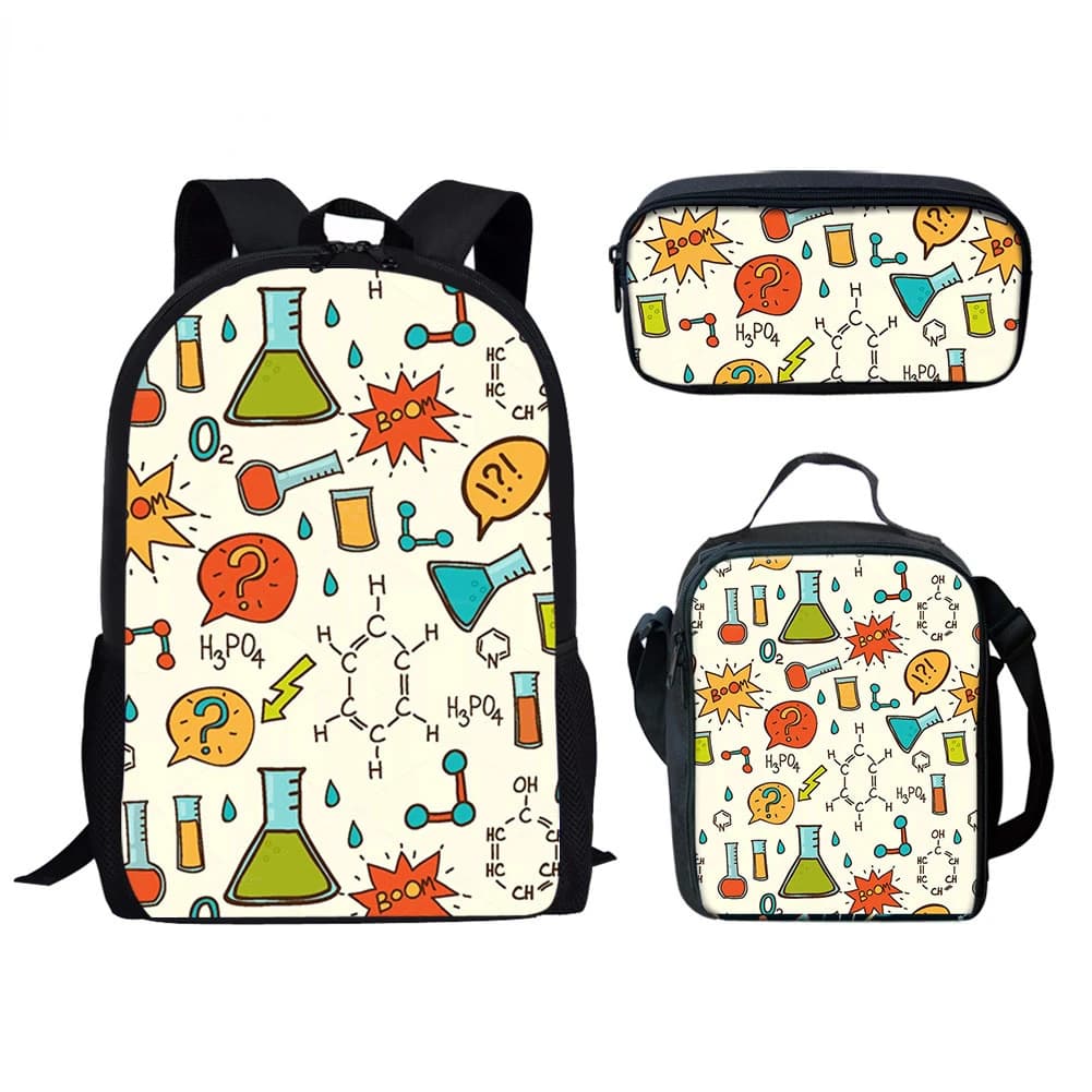 Hip Hop Popolare Nuovo Esperimento Scienziato Stampa 3D 3 pz/set Borse da scuola per studenti Zaino per laptop Zaino Borsa per il pranzo Astuccio