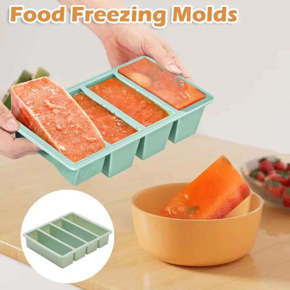 Nuovi Stampi per Congelamento Alimenti a 4 Scomparti in Silicone, Extra Large, Riutilizzabili con Coperchio, Vassoi per Congelatore