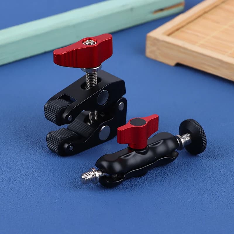 Morsetto in lega di alluminio con doppia testa a sfera, morsetto per braccio magico con foro da 1/4'' e 3/8'' per supporto video per telefono, fotocamera, monitor, luce LED, microfono