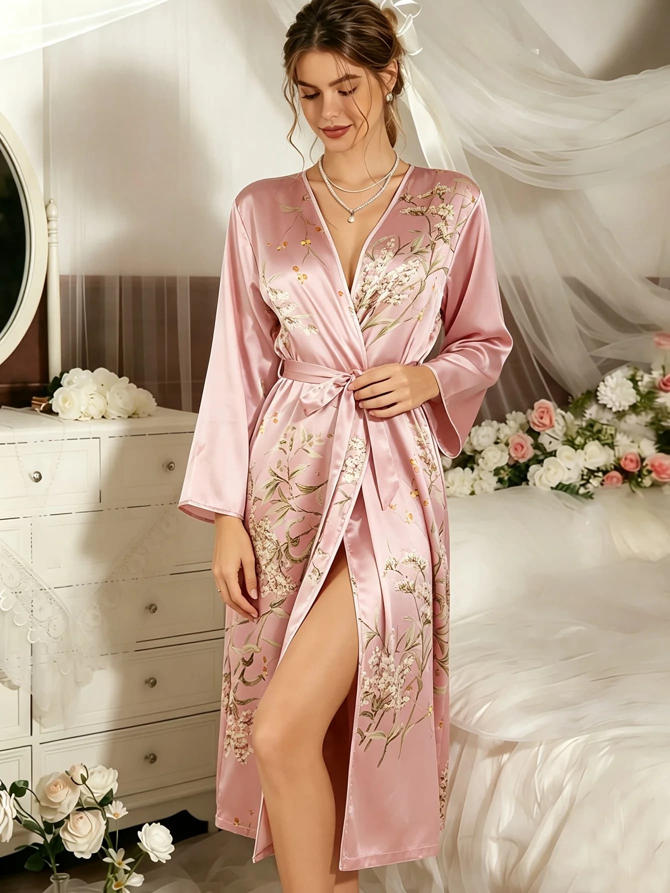 2026 New Design 1-Piece Vintage Women's V-Neck Pink Cherry Print Adjustable Tie Loose Long Robe Wedding Morning Robe Bathrobe Can Be Worn Outside as a Home Robe