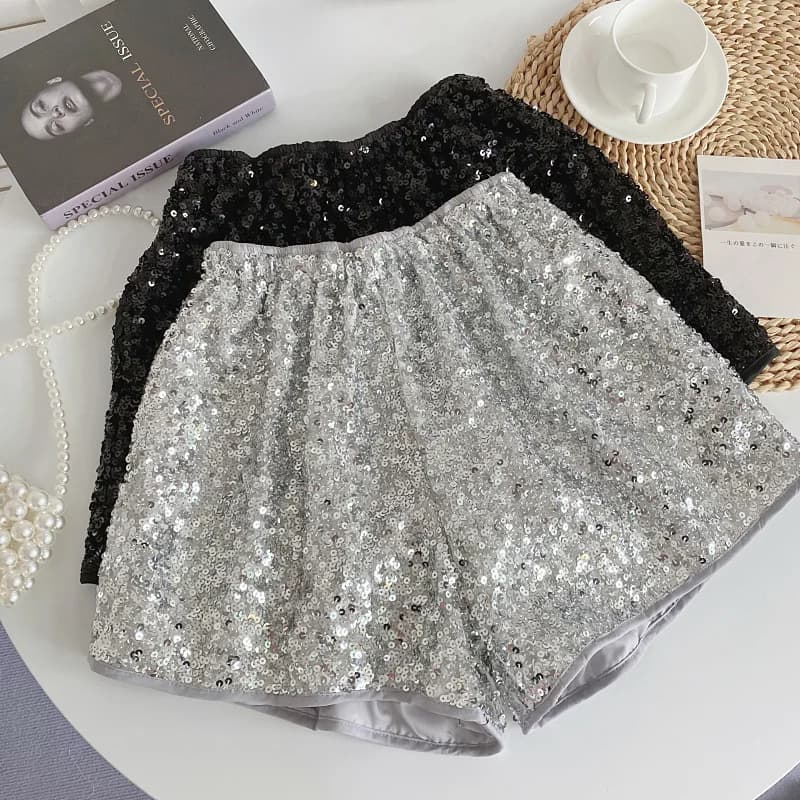 Pantaloncini Estivi da Donna 2023, Nuovi Stili Casual, Pantaloni a Gamba Larga con Paillettes Lucide, Vita Alta Elasticizzata, Modello Slim A-Line