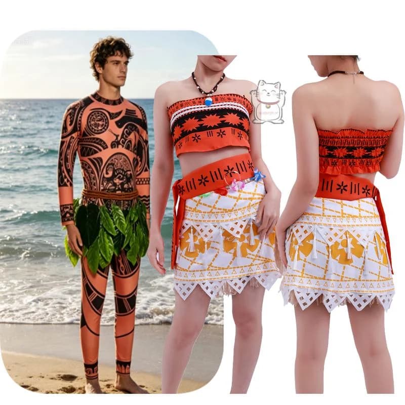 Costume cosplay di Vaiana da Viaggio nel Mare, tatuaggio di Maui, T-shirt, pantaloni, costume di Halloween per adulti, parrucca