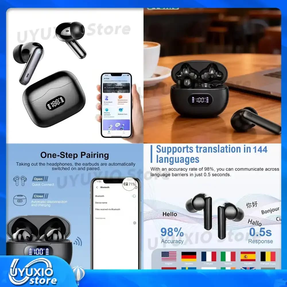 Auricolari Traduttori in Tempo Reale per Viaggi d'Affari, Traduzione Linguistica AI con 144 Lingue Online, Auricolari 3 in 1