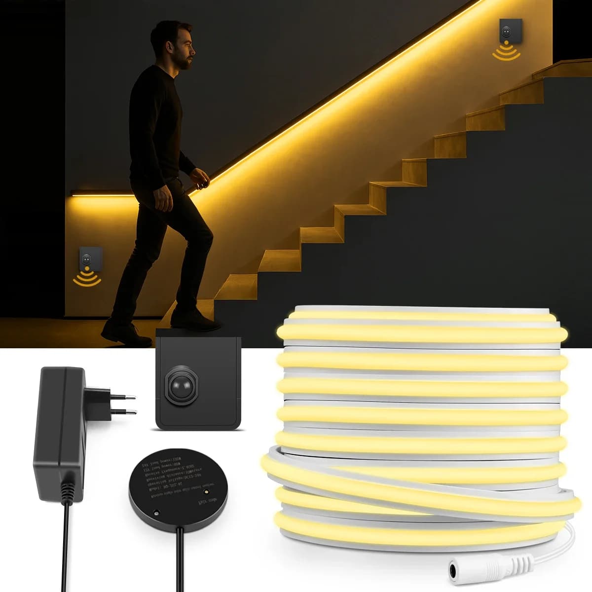 3/5/10M Wireless PIR Motion Sensing COB LED Strip Neon Light 24V Rechargeable Sensor Premium Solid Silicone Stair Night Light