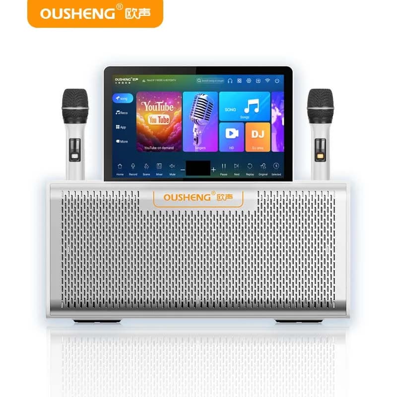 Macchina Karaoke Domestica Professionale All-in-One con Sistema Android Smart e 2 Microfoni Wireless per Cantare