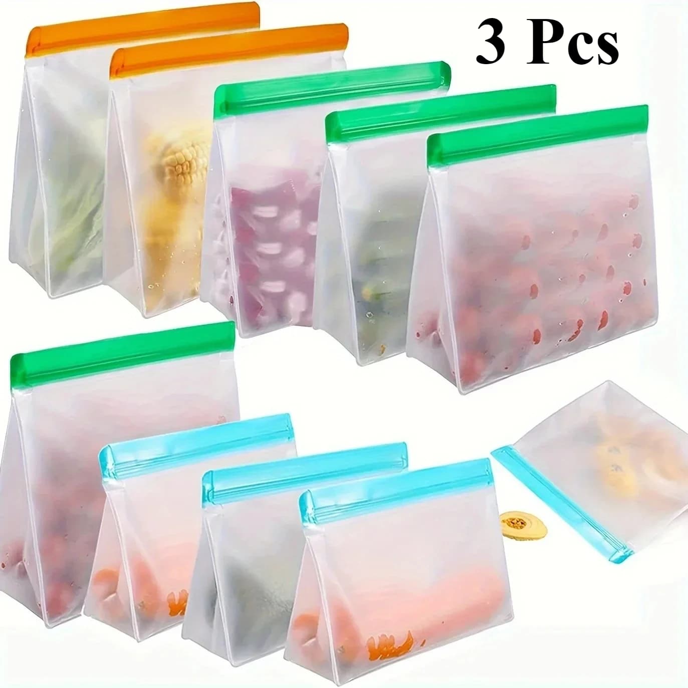 3 sacchetti riutilizzabili in silicone per alimenti, confezione da 3 - Sacchetti per congelatore e conservazione a tenuta stagna per viaggi/uso domestico
