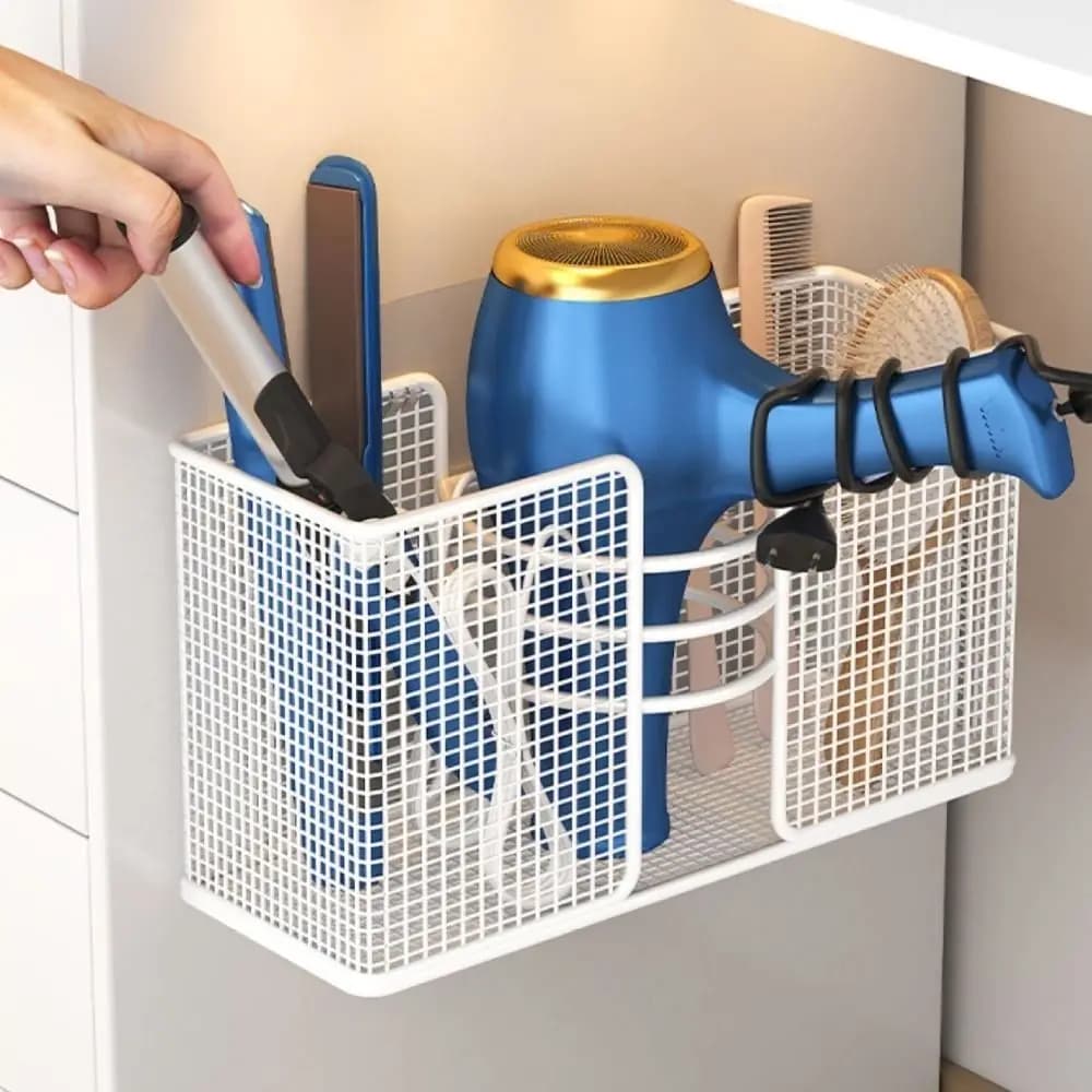 Wall Mounted Hair Dryer Storage Rack No-Drill Large Capacity Comb Curling Storage Rack Space Saving Iron