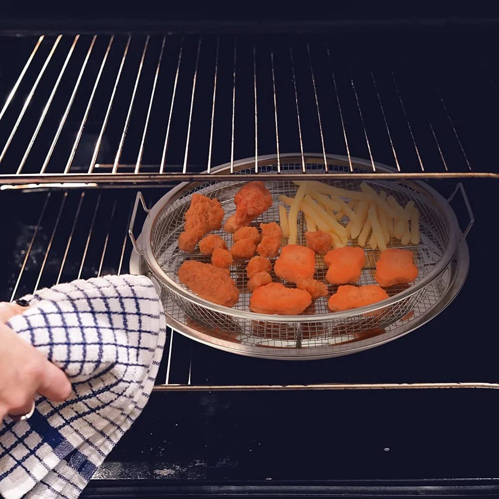 B01C-2 Pcs Round Stainless Steel Air Fryer Basket For Oven, Crisper Tray And Basket 13 Inch, Oven Air Fry Pan Mesh Basket Set