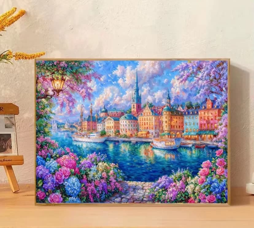 Frameless,5D DIY Diamond Painting Cross stitch Seaside Town Landscape Diamond Mosaic Handmade Art Exquisite Gift Home Decor
