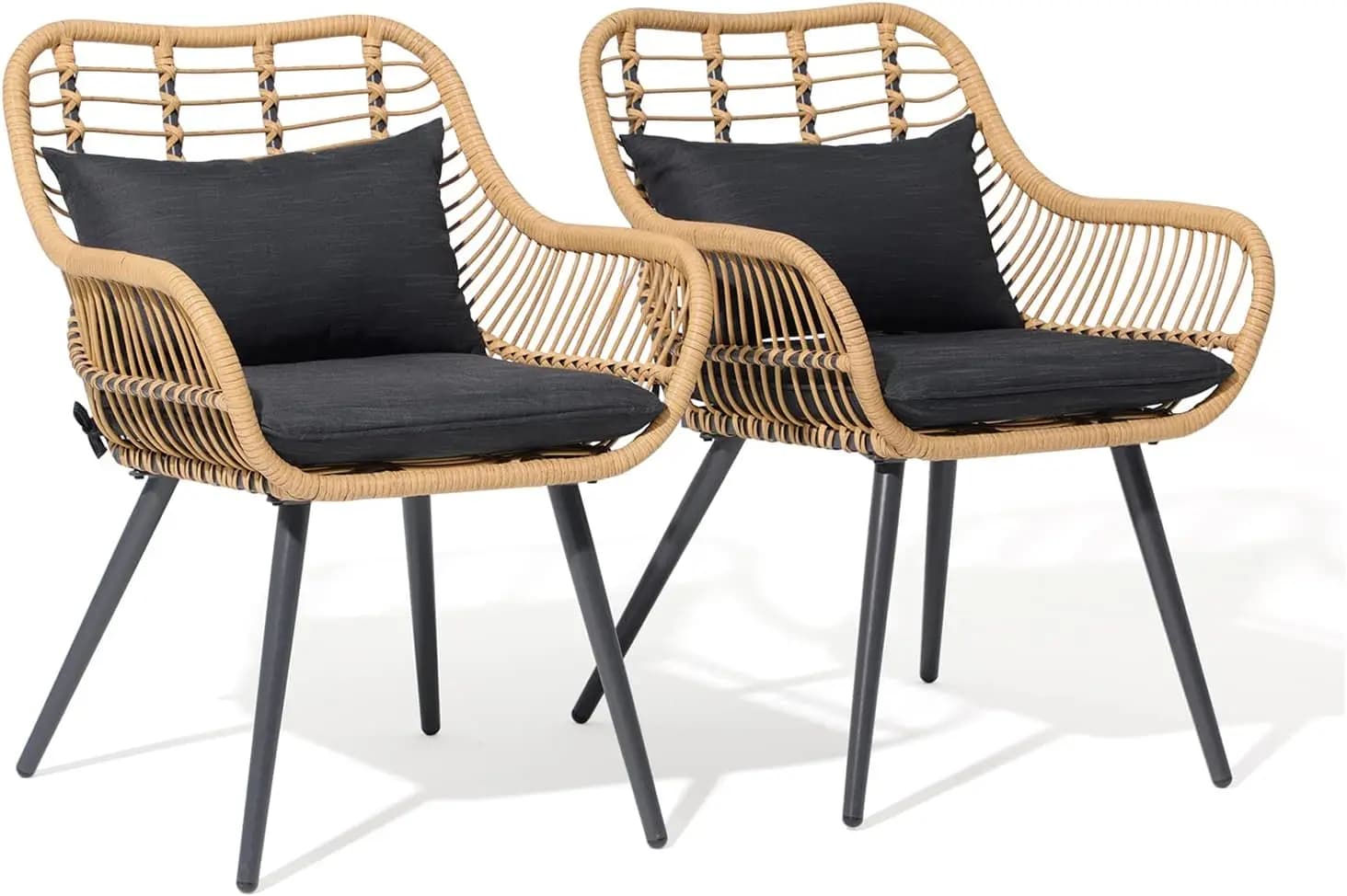 Set di Due Sedie da Esterno in Vimini, Sedie da Pranzo in Rattan con Cuscino e Braccioli, Struttura in Ferro, Arredamento per Balcone, Veranda, Giardino