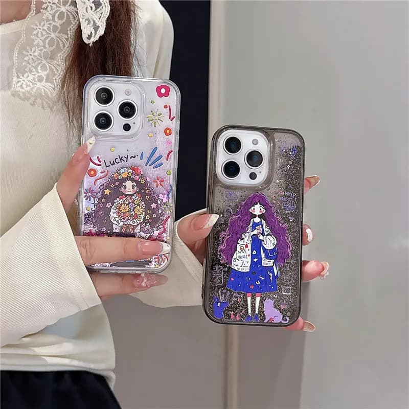 Custodia per iPhone con glitter e sabbia fluida, stile europeo, graziosa ragazza con capelli ricci e graffiti, per modelli 15 14 13 12 11 16 17 Pro Max Plus