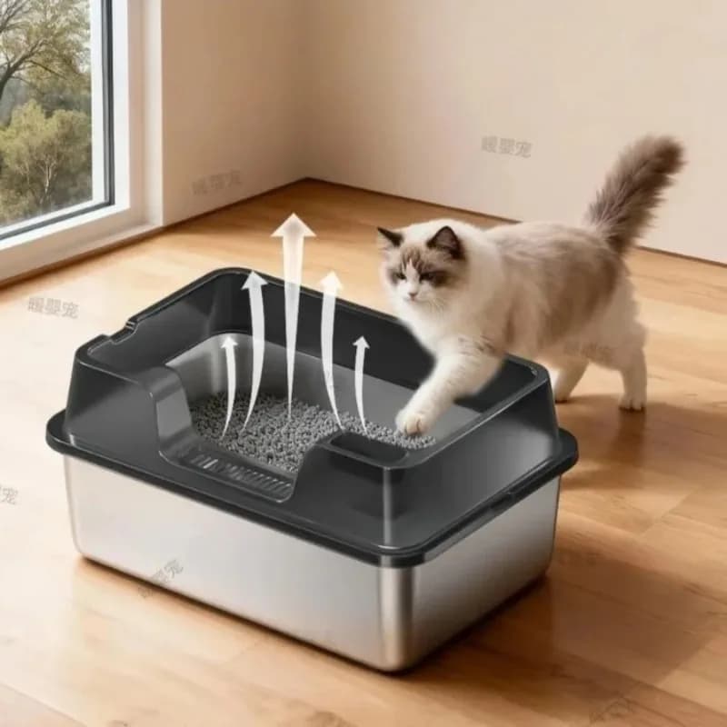 Indoor Pet Cat Stainless Steel Litter Box 60cm Semi Enclosed Lid Equipped High Wall Anti Leak Pan And Anti Scatter Litter Mat