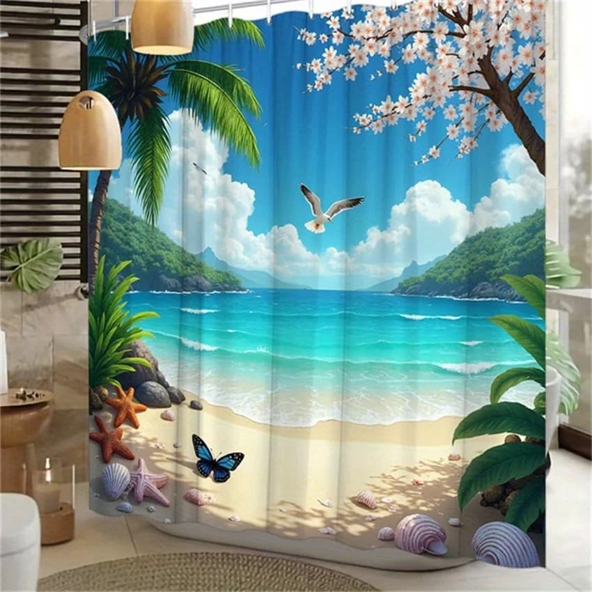 Tenda da doccia da spiaggia tropicale 1 pezzo: palme, stelle marine, fiori di ciliegio e farfalle, poliestere, 70x70", 12 ganci