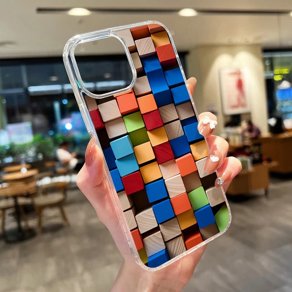 Custodia Trasparente Antiurto con Blocchi Colorati e Ricarica Wireless Magnetica per iPhone 15 17 13 11 14 12 16 Pro Max 17 Air