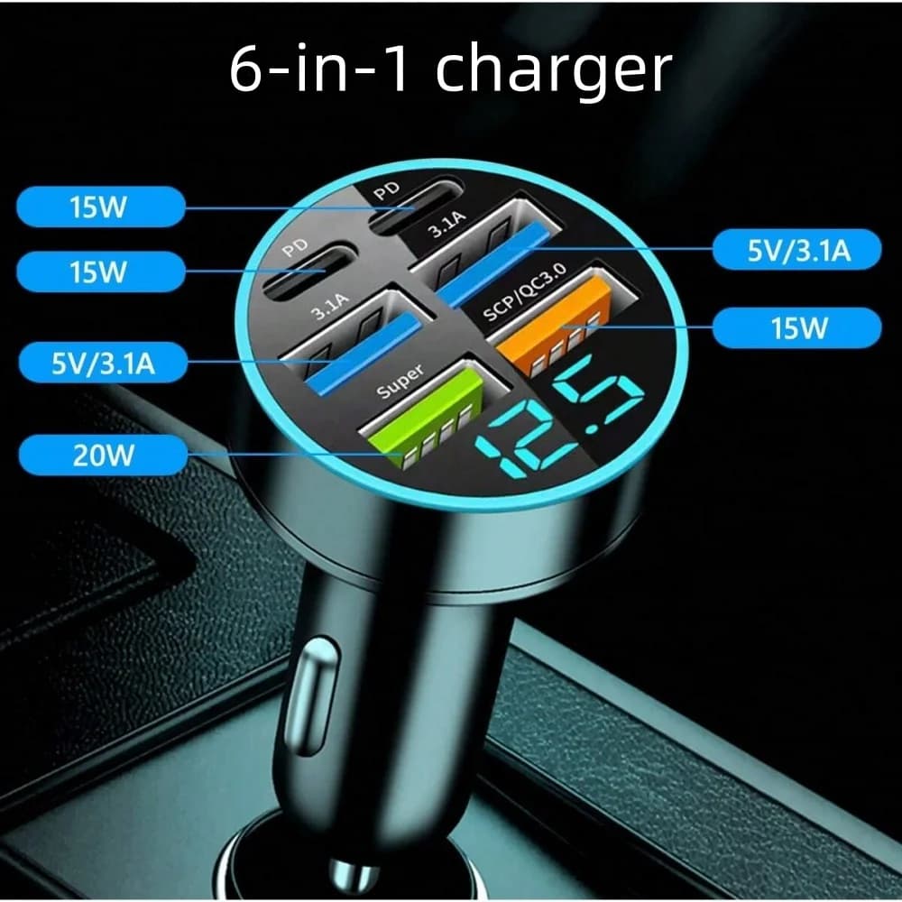 Fast charging car charger 6 in 1 PD QC3.0 USB C Digital display for iPhone Samsung Vivo OPPO Oneplus Car mobile phone adapter