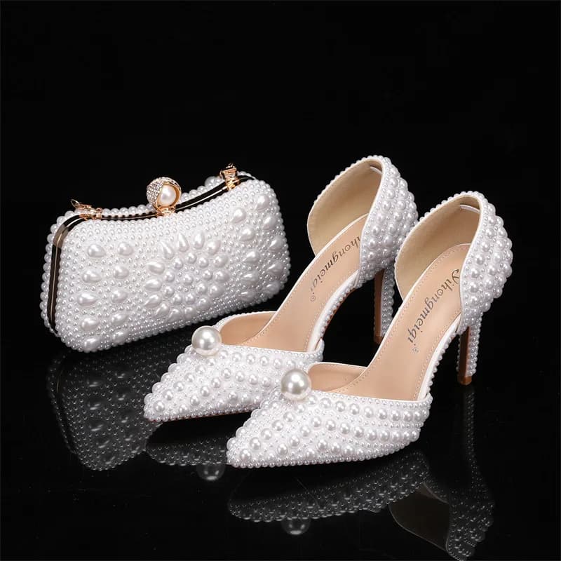 Set borsa e scarpe da donna Scarpe da sposa con perle Scarpe da donna bianche beige con tacco alto Scarpe da festa eleganti di design di lusso 2025