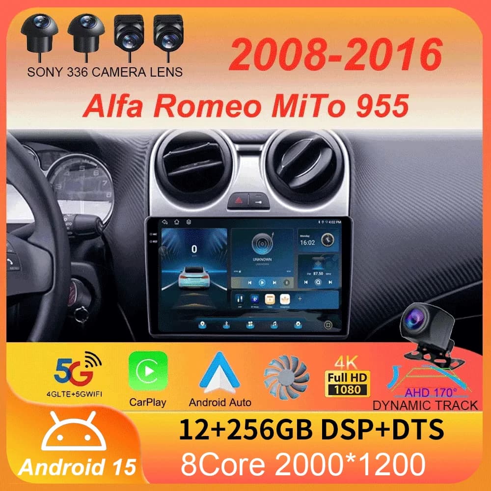 Per Alfa Romeo MiTo 955 2008 - 2016 Android 15 Carplay Auto Autoradio Lettore video multimediale Navigazione No 2Din 2 Din DVD GPS