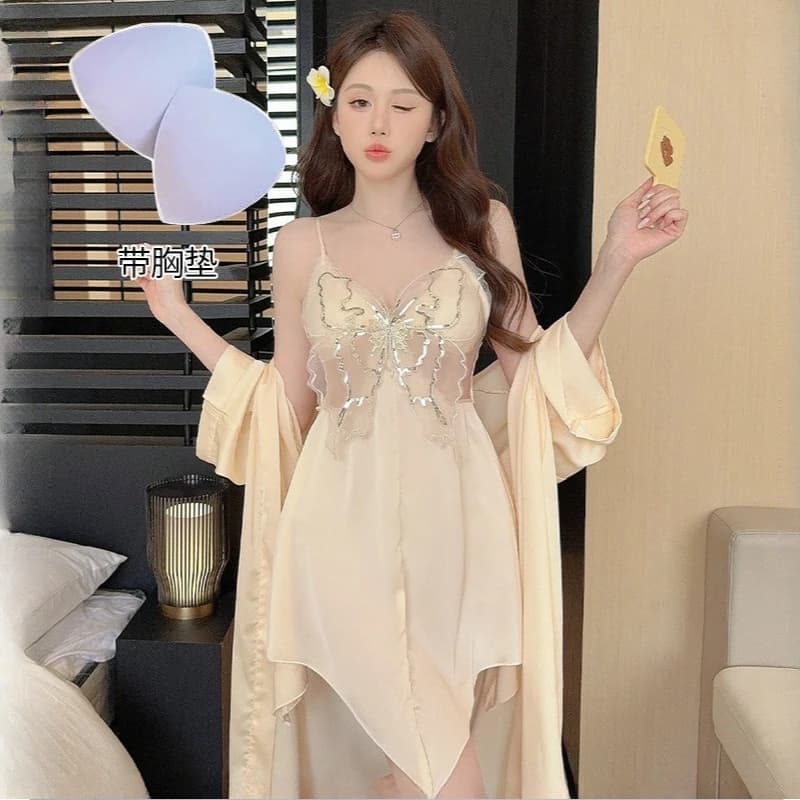 Twinset Robe Suit Womens Sleepwear Nightgown Lace Loungewear Rayon Summer Kimono Bathrobe Gown Set Nightdress Sleepwear