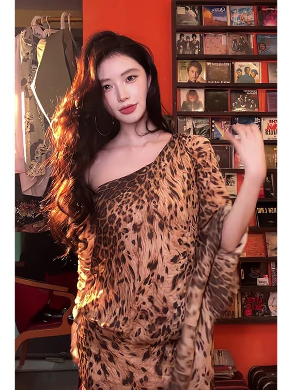 Sexy Slim Fit Long Sleeve Leopard Print Wrap around Waist Skirt High Waist Shoulder off Dress for Young Women in Summer