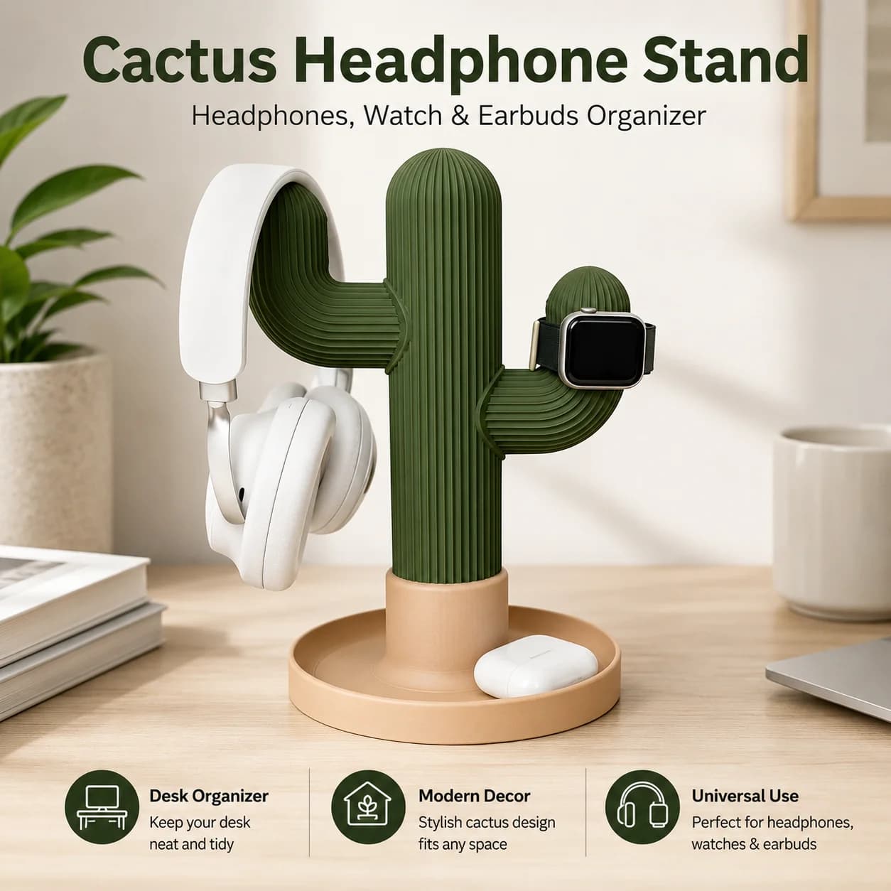 Modern Cactus Headphone Stand Desk Organizer for Over Ear Headsets Watch Earbuds Holder Tray Dorm Room Home Office Decor