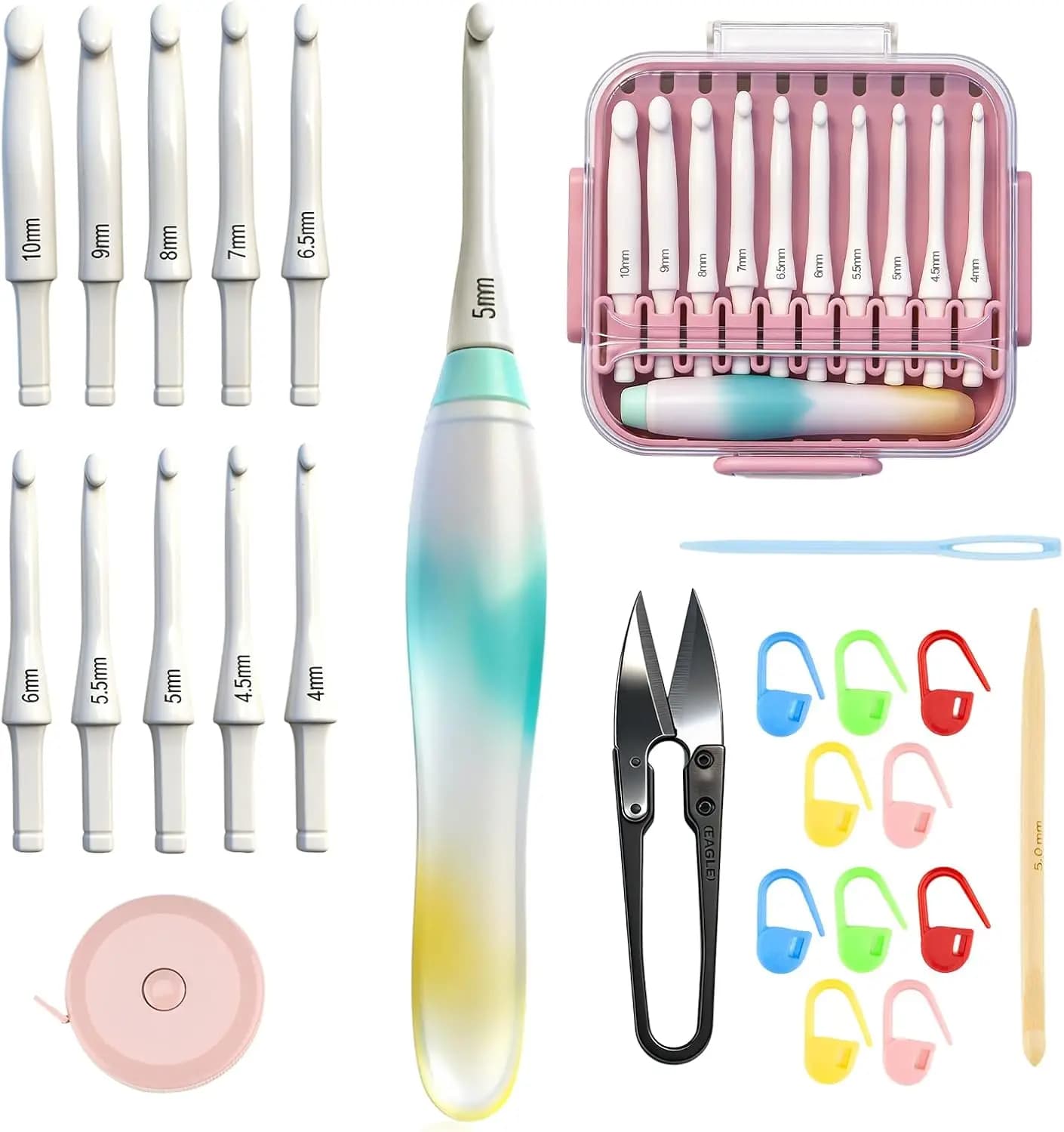 Set di Uncinetti Ergonomici con Impugnatura in Gel, 10 Misure Intercambiabili, Kit Completo per Principianti e Artigiani