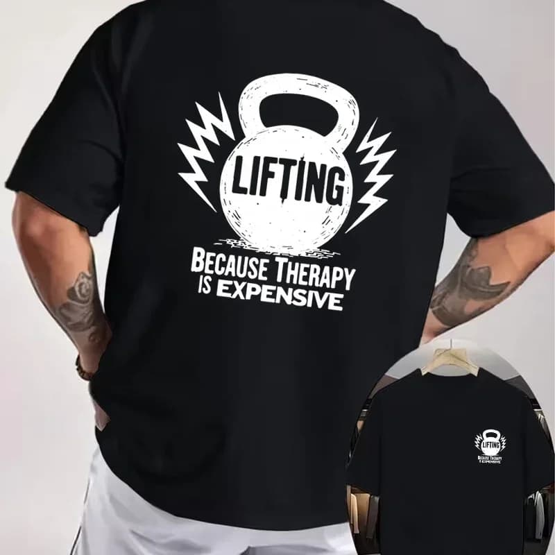 LIFTING Kettlebell Fun Slogan Graphic Motorcycle Double Sided Print T-Shirt Men's Summer Short sleeve O-Neck Casual Tops