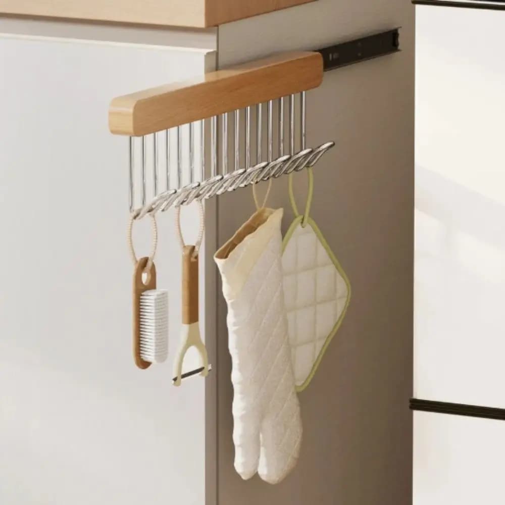 Multifunctional hanger bar with 8 or 12 hooks, sliding rack for wood cabinet, space saving, rod for hanging trousers