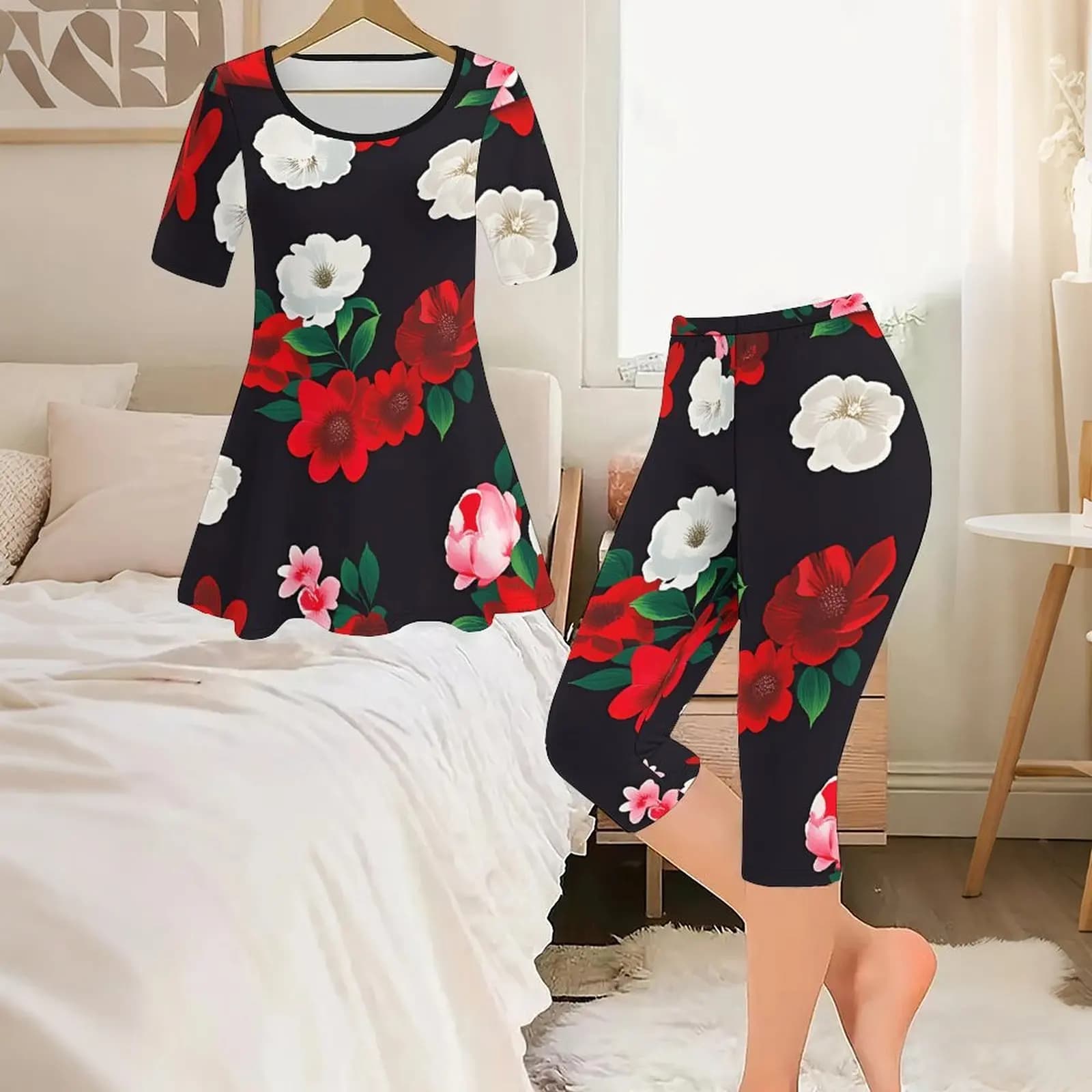 2pcs Casual Jogger Pants Slim Sport Pants Ladies Printed Pants Daily Fashion Leggings Set Women's Top Round Neck Short Sleeve